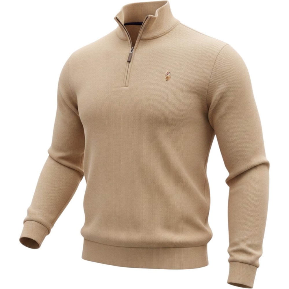 US‎ Polo Assn Mens Quarter Zip Pullover Sweater Tan Beige Ribbed Knit XL Logo